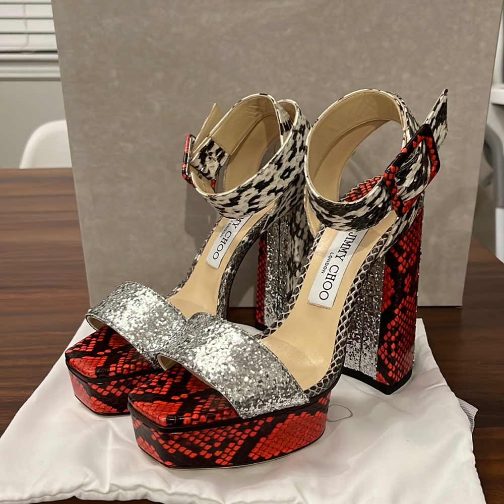 NEW Jimmy Choo Jax 125 Platform Sandals Mandarin Red Galactica Glitter